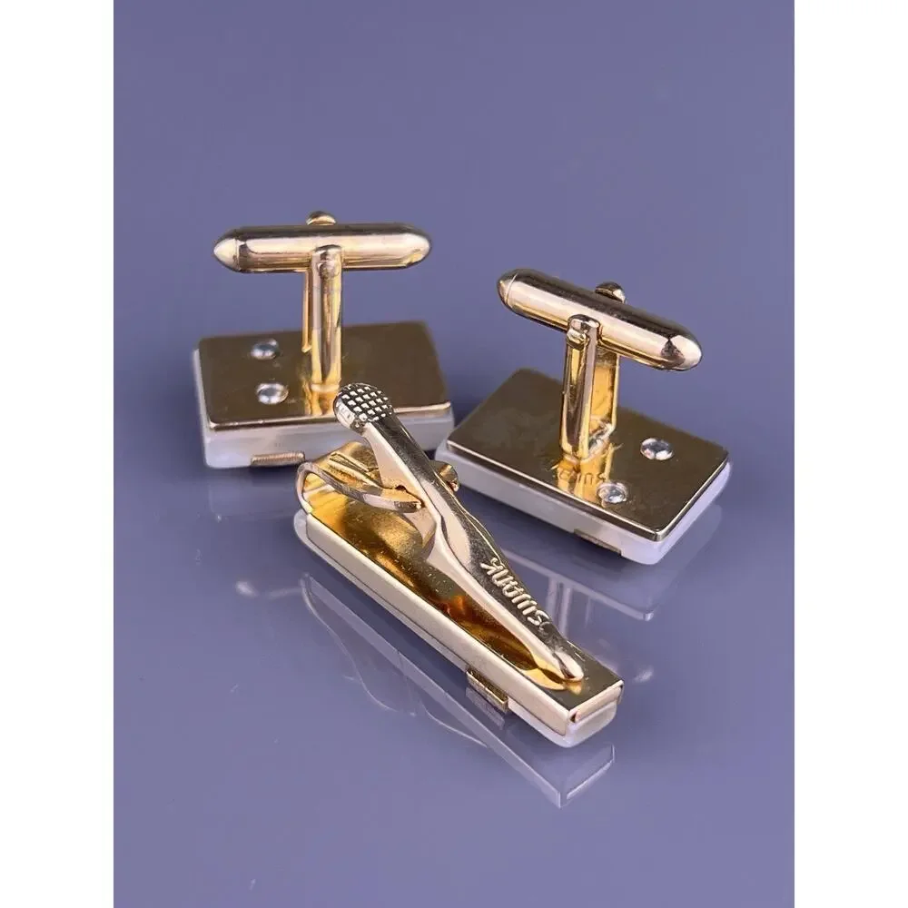 White Acrylic Pearlescent Cufflinks Tie Clip Bar Gold Tone Scrolls Swank Vintage